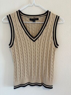 Cable-Knit Sweater Vest V neckline Cotton Blend material beige black accents
